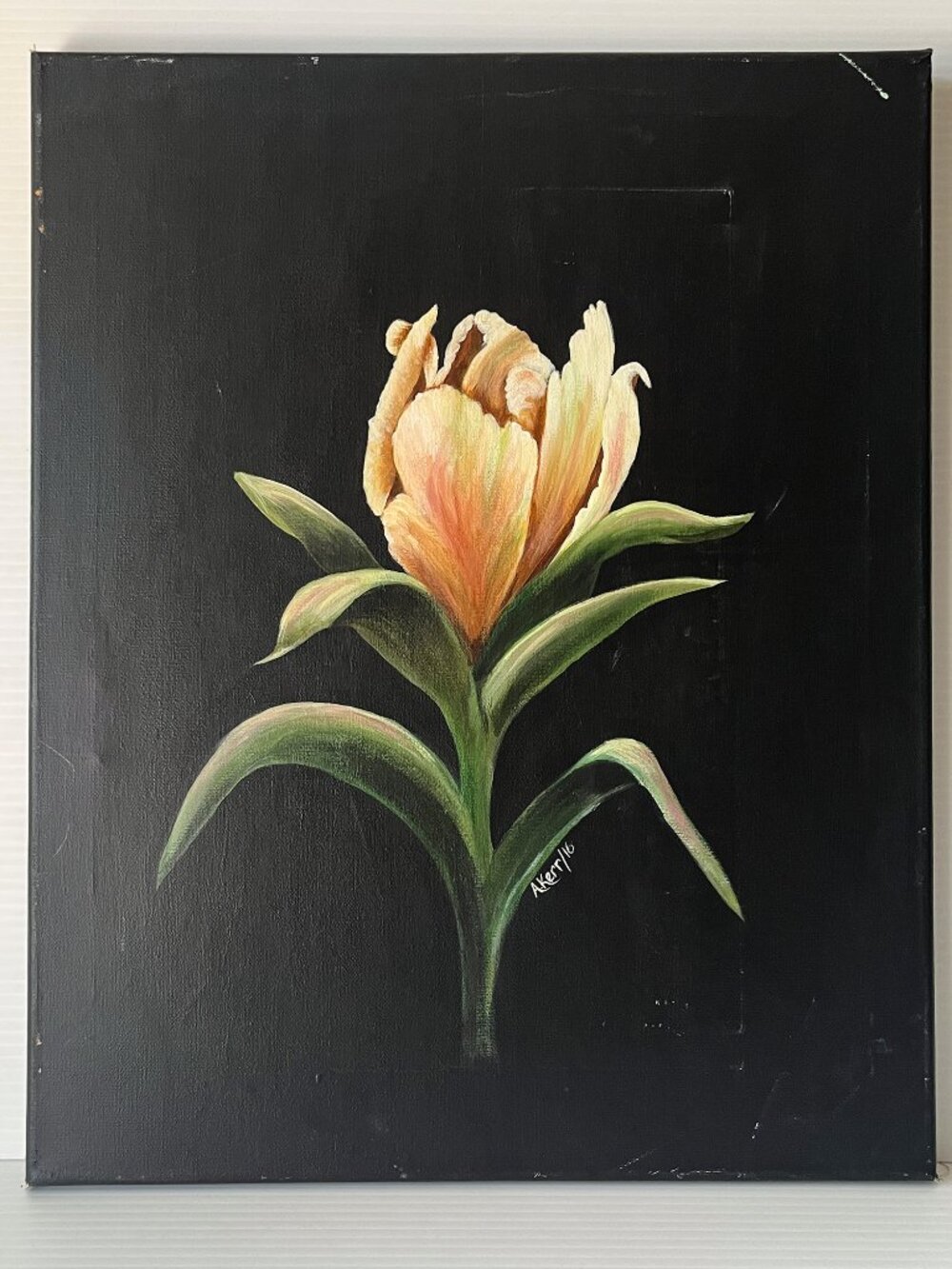 Original Still life Tulip Painting Dark Background Acrylic / Oil Canvas Signed